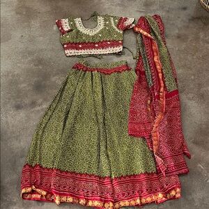 Traditional Green and Red Printed Saree Set with Blouse